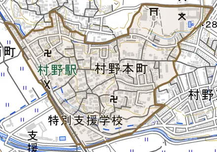 村野本町とその周辺の地図。町の範囲を重ねている