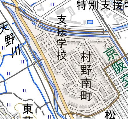 村野南町とその周辺の地図。町の範囲を重ねている