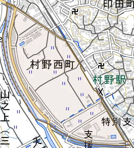 村野西町とその周辺の地図。町の範囲を重ねている