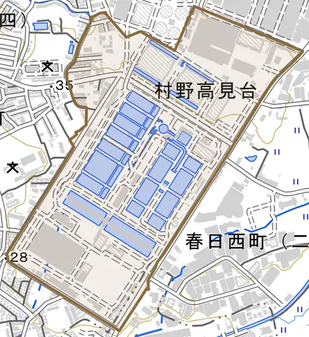 村野高見台とその周辺の地図。町の範囲を重ねている
