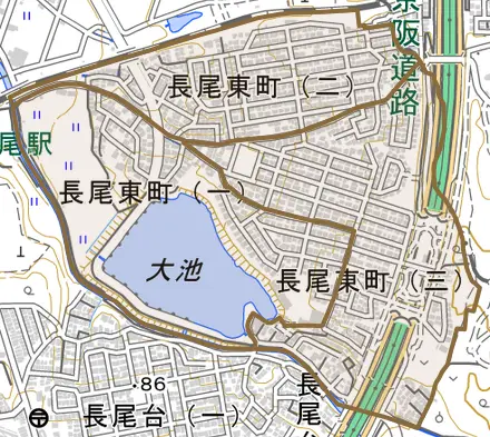 長尾東町とその周辺の地図。町の範囲を重ねている