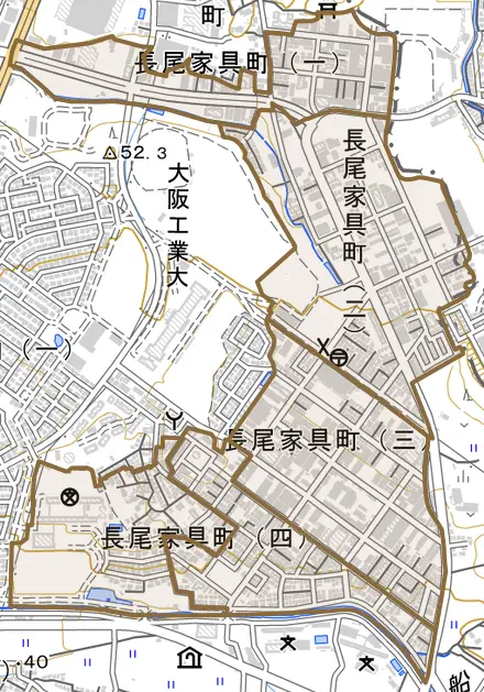 長尾家具町とその周辺の地図。町の範囲を重ねている