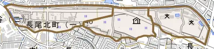 長尾北町とその周辺の地図。町の範囲を重ねている