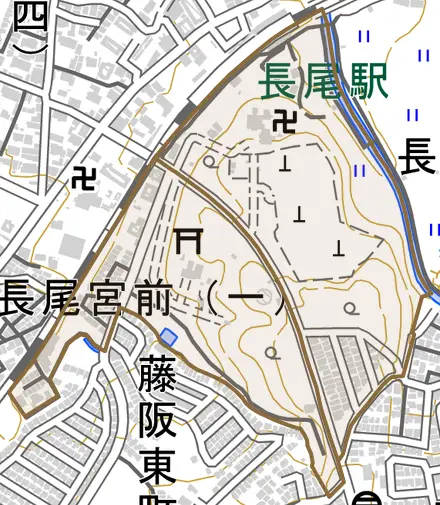 長尾宮前とその周辺の地図。町の範囲を重ねている