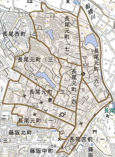 長尾元町とその周辺の地図。町の範囲を重ねている