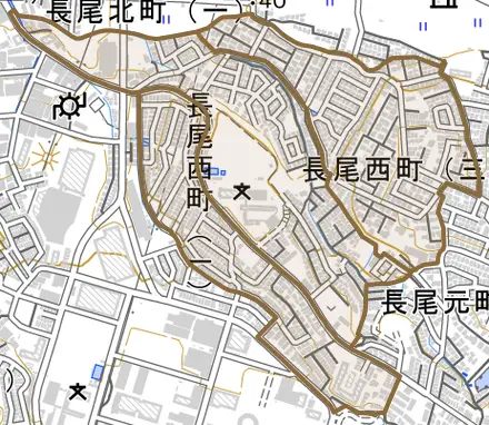 長尾西町とその周辺の地図。町の範囲を重ねている