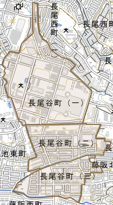 長尾谷町とその周辺の地図。町の範囲を重ねている