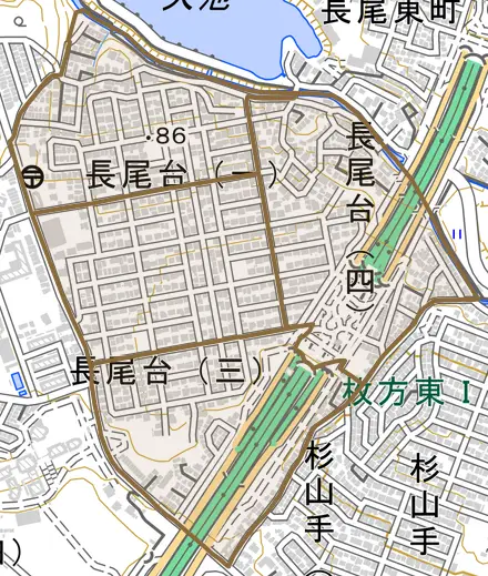 長尾台とその周辺の地図。町の範囲を重ねている