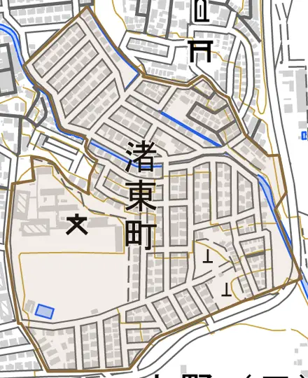 渚東町とその周辺の地図。町の範囲を重ねている