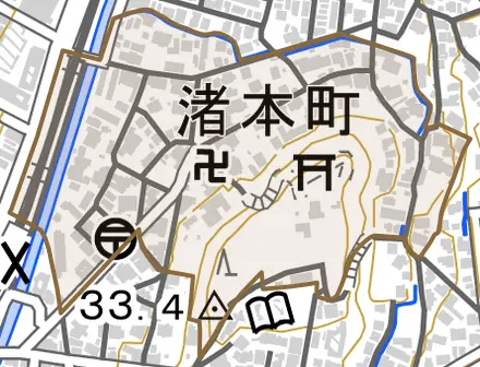 渚本町とその周辺の地図。町の範囲を重ねている
