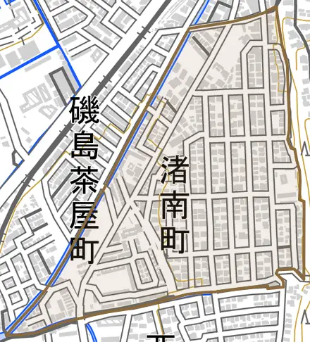 渚南町とその周辺の地図。町の範囲を重ねている