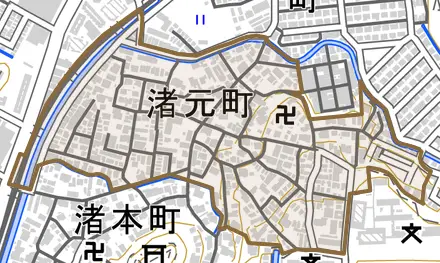 渚元町とその周辺の地図。町の範囲を重ねている