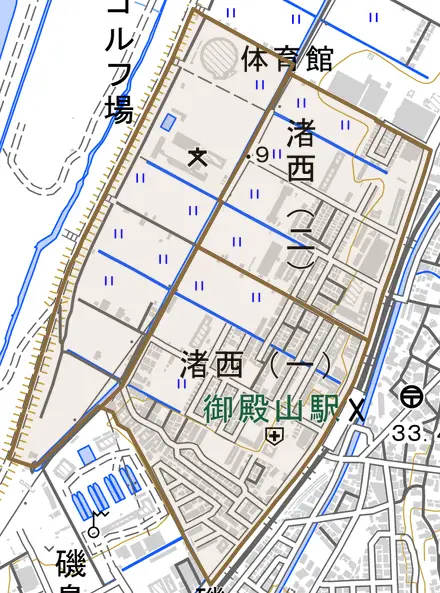 渚西とその周辺の地図。町の範囲を重ねている
