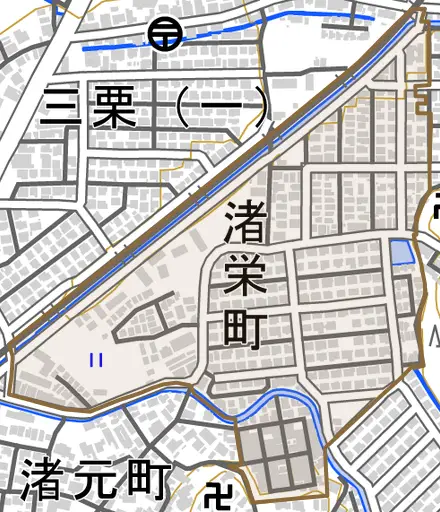 渚栄町とその周辺の地図。町の範囲を重ねている