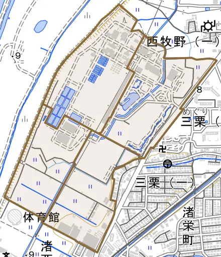 渚内野とその周辺の地図。町の範囲を重ねている