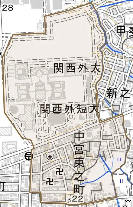 中宮東之町とその周辺の地図。町の範囲を重ねている