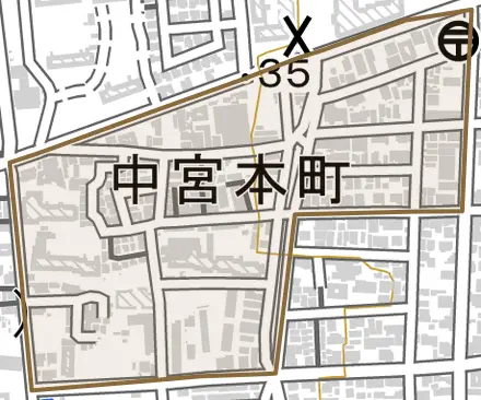 中宮本町とその周辺の地図。町の範囲を重ねている