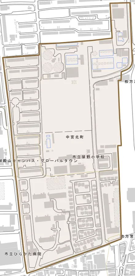 中宮北町とその周辺の地図。町の範囲を重ねている