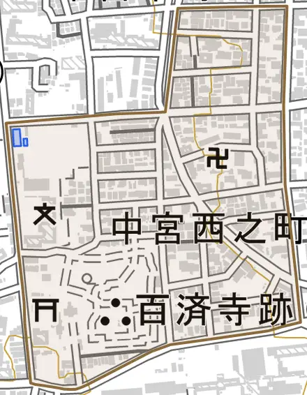 中宮西之町とその周辺の地図。町の範囲を重ねている