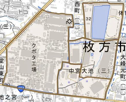 中宮大池とその周辺の地図。町の範囲を重ねている