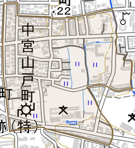 中宮山戸町とその周辺の地図。町の範囲を重ねている