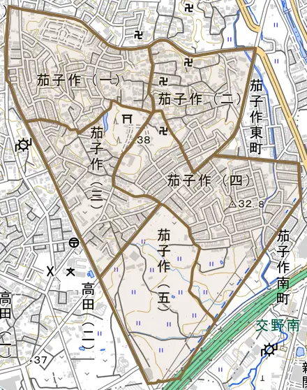 茄子作とその周辺の地図。町の範囲を重ねている