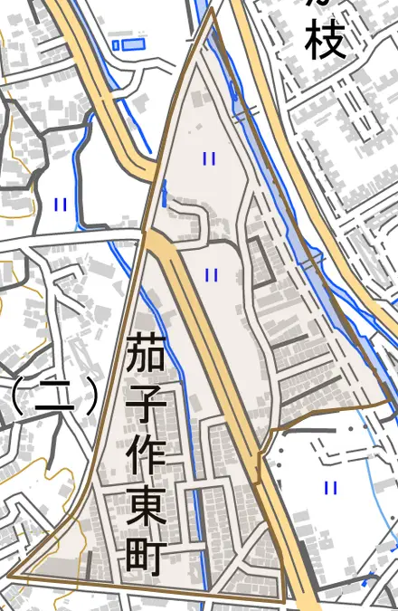 茄子作東町とその周辺の地図。町の範囲を重ねている