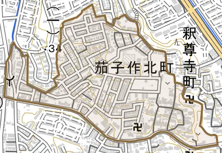 茄子作北町とその周辺の地図。町の範囲を重ねている