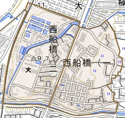 西船橋とその周辺の地図。町の範囲を重ねている