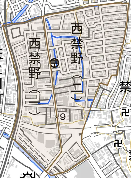西禁野とその周辺の地図。町の範囲を重ねている