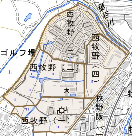 西牧野とその周辺の地図。町の範囲を重ねている