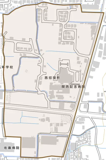 西招提町とその周辺の地図。町の範囲を重ねている