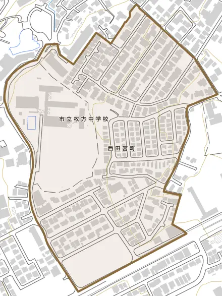 西田宮町とその周辺の地図。町の範囲を重ねている