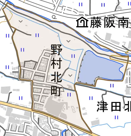 野村北町とその周辺の地図。町の範囲を重ねている