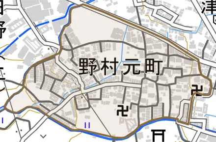 野村元町とその周辺の地図。町の範囲を重ねている