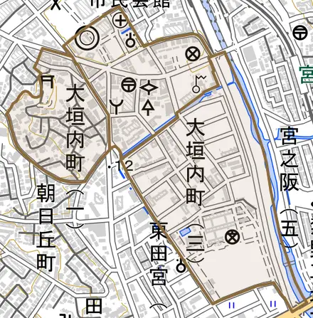 大垣内町とその周辺の地図。町の範囲を重ねている