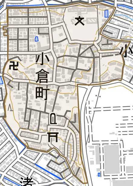 小倉町とその周辺の地図。町の範囲を重ねている