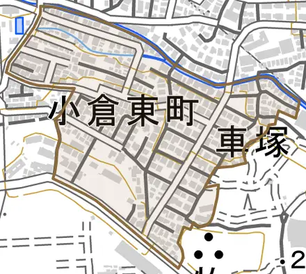 小倉東町とその周辺の地図。町の範囲を重ねている
