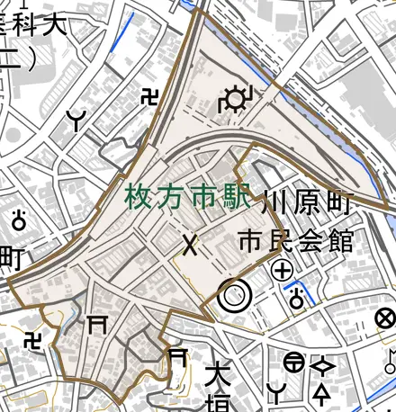 岡東町とその周辺の地図。町の範囲を重ねている