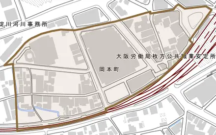 岡本町とその周辺の地図。町の範囲を重ねている
