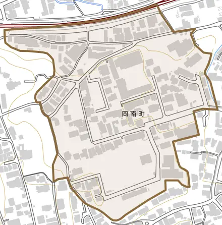 岡南町とその周辺の地図。町の範囲を重ねている