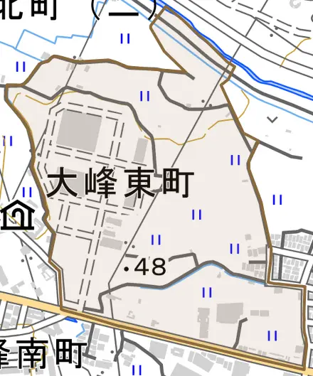 大峰東町とその周辺の地図。町の範囲を重ねている