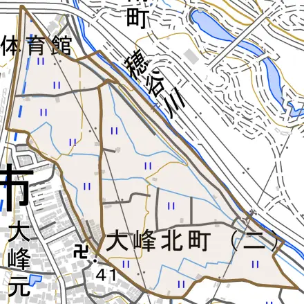 大峰北町とその周辺の地図。町の範囲を重ねている