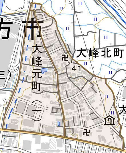 大峰元町とその周辺の地図。町の範囲を重ねている