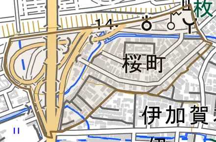 桜町とその周辺の地図。町の範囲を重ねている