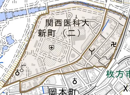 新町とその周辺の地図。町の範囲を重ねている