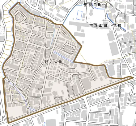 新之栄町とその周辺の地図。町の範囲を重ねている