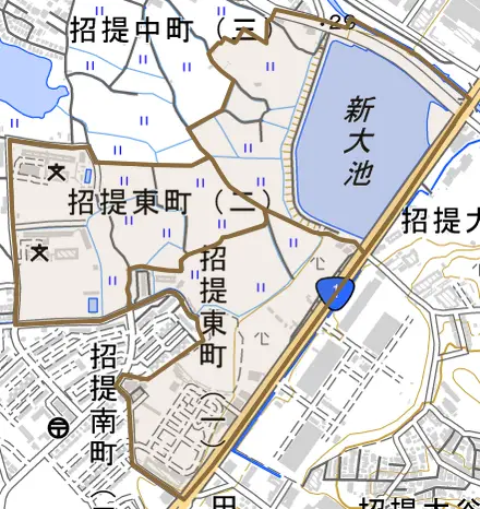 招提東町とその周辺の地図。町の範囲を重ねている