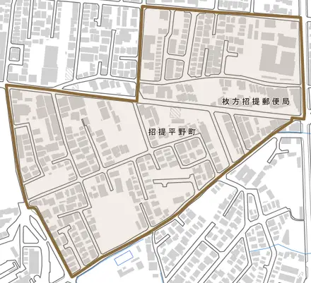 招提平野町とその周辺の地図。町の範囲を重ねている