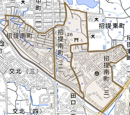 招提南町とその周辺の地図。町の範囲を重ねている